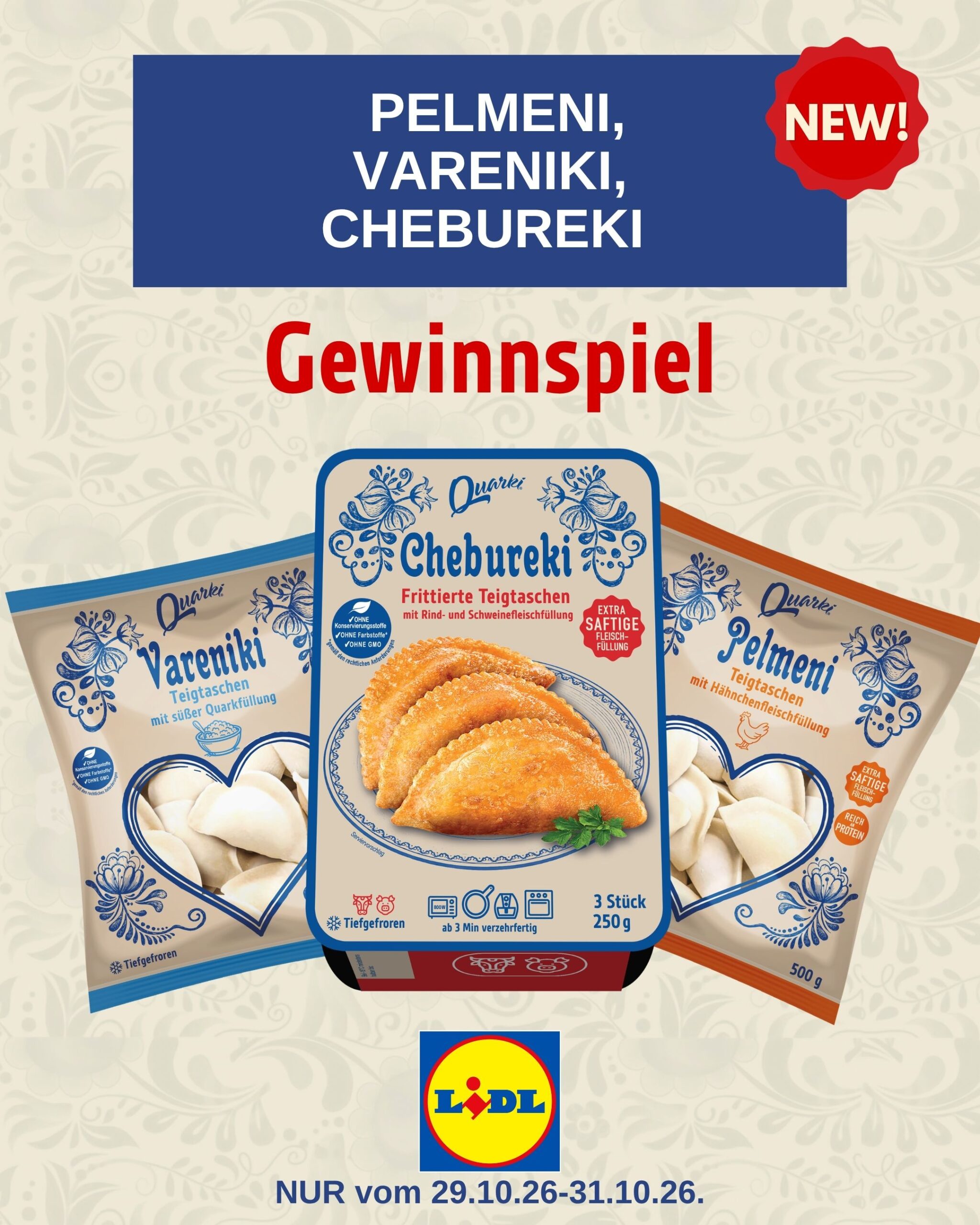 PELMENI VARENIKI CHEBUREKI bei LIDL NUR vom 23.04-25.04.