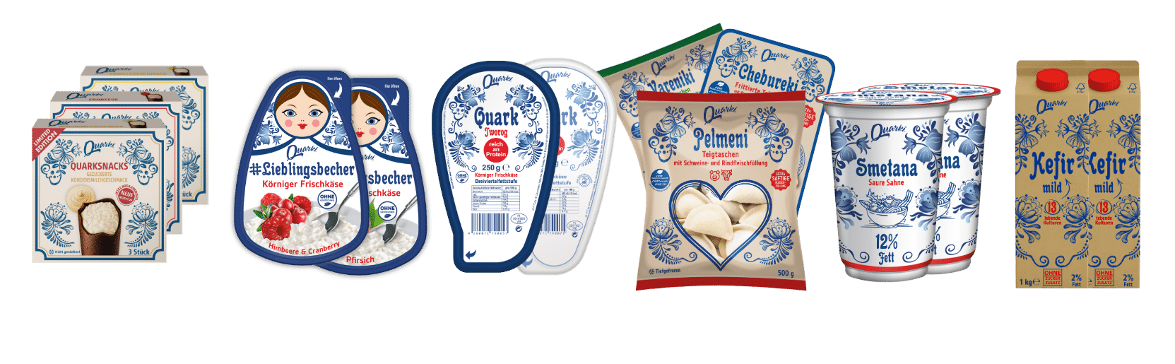 Quarki Produkte: Quarksnacks, Lieblingsbecher, Quark, Pelmeni, Chebureki, Smetana und Kefir